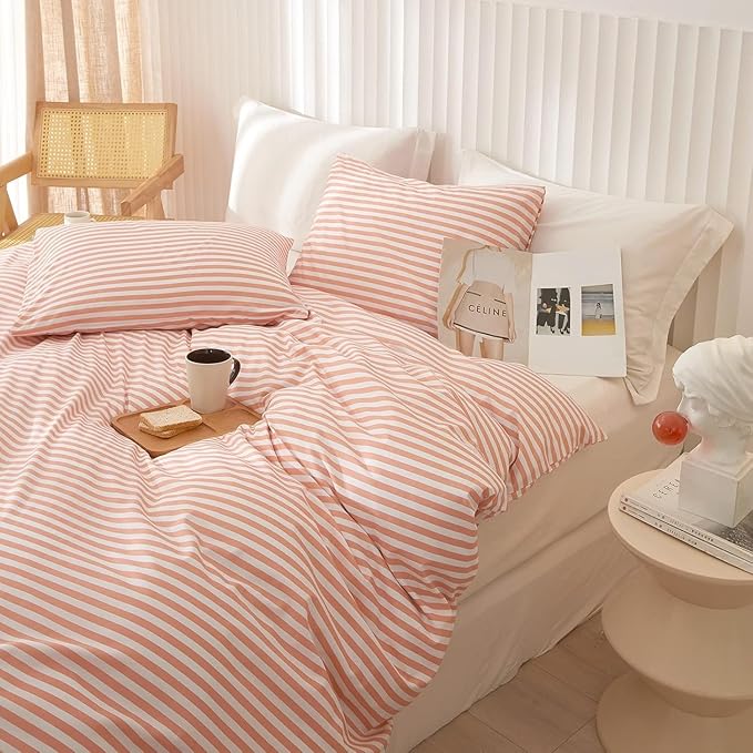 King Size Comforter Set Pink White Stripes Pattern Comforter Modern Striped Comforter Set Fluffy Lightweight 3 Pieces Bedding Comforter Farmhouse Stripes Boho Bed Comforter with 2 Pillowcases