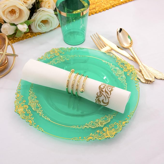 Hioasis 350pcs Green and Gold Plastic Plates - Green Party Plates for 50 Guest, Include 100 Heavy-duty Plates(20% Thicker Than Standard), 150 Cutlery Set, 50 Napkin, 50 Cups