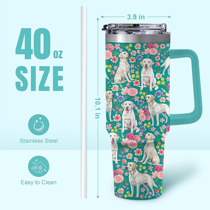 Yogusut Labrador Retriever Gifts for Women, 40oz Stainless Steel Insulated Tumbler Travel Mug Cup with Handle Straw, Gifts for Dog Mom Dog Lover