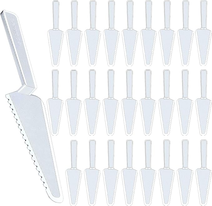 TINSKY 50Pcs Plastic Disposable Cake Cutter 9.1Inch Wedding Pie Server Plastic Spatula Cake Server Cutting Knives Pie Pizza Pastry Slicer Serving Utensils (Clear)