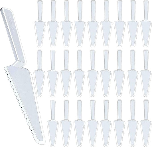 TINSKY 50Pcs Plastic Disposable Cake Cutter 9.1Inch Wedding Pie Server Plastic Spatula Cake Server Cutting Knives Pie Pizza Pastry Slicer Serving Utensils (Clear)
