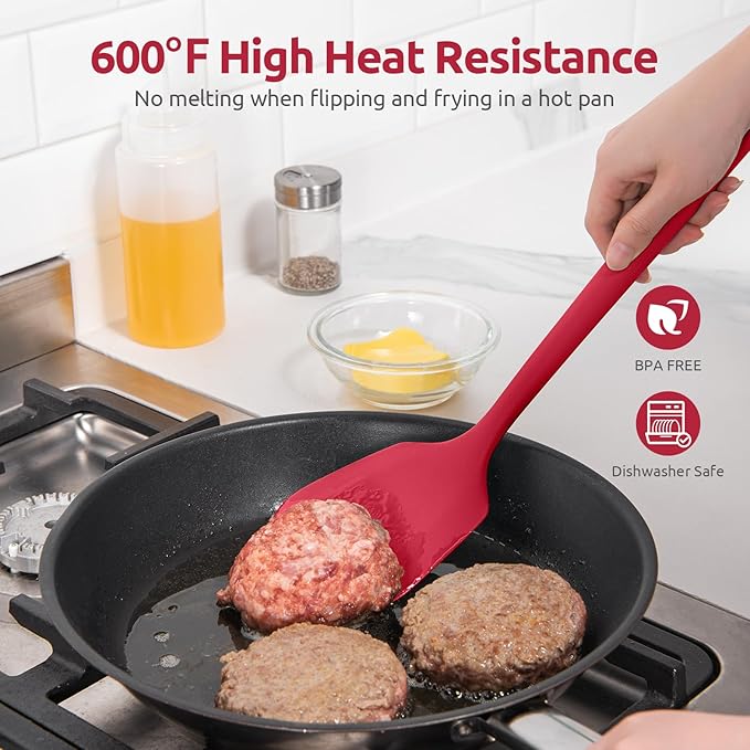 600쨘F Heat Resistant Silicone Turner: U-Taste 13.6in Long Solid & Slotted Thick Kitchen Spatula Flipper, Large Flexible Cooking Utensil for Flipping Egg, Pancake in Nonstick Cookware (Rose Red, 2PCS)