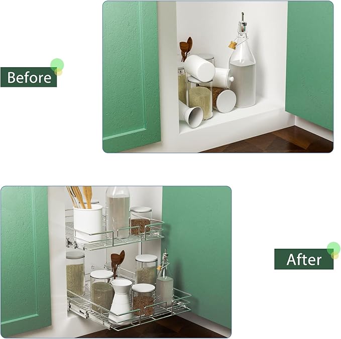 LOVMOR 2 Tier Individual Pull Out Cabinet Organizer 14쩍" W x 21쩍" D, Slide Out Kitchen Cabinet Storage Sliding Shelves