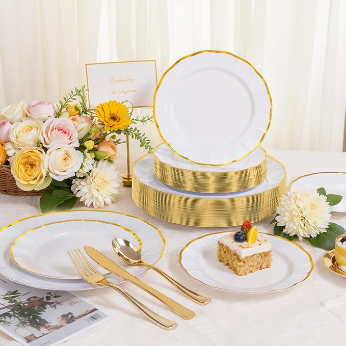 EI 150pcs White Plastic Plates with Gold Plastic Silverware,Disposable Plate Heavy Duty,White Dinnerware Set,Elegant Plates for Party,Wedding,Afternoon Tea,Spring,Valentine's Day