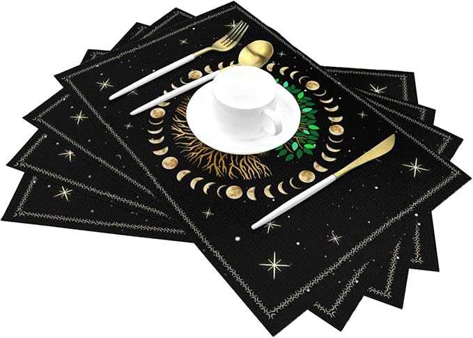 Black Placemats Set of 4, Ancient Life Tree Decorative Place Mats for Dining Table Decor, Linen Washable Table Mats for Kitchen Outdoor Party Home Moon Luna Hippy Decor 12"x18"