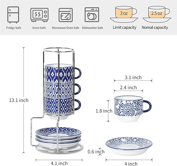 Selamica Ceramic Espresso Cups with Saucers and Metal Stand, 2.5 OZ Stackable Demitasse Cups for Espresso Latte Caf챕 Mocha Tea, Set of 4, Vintage Blue