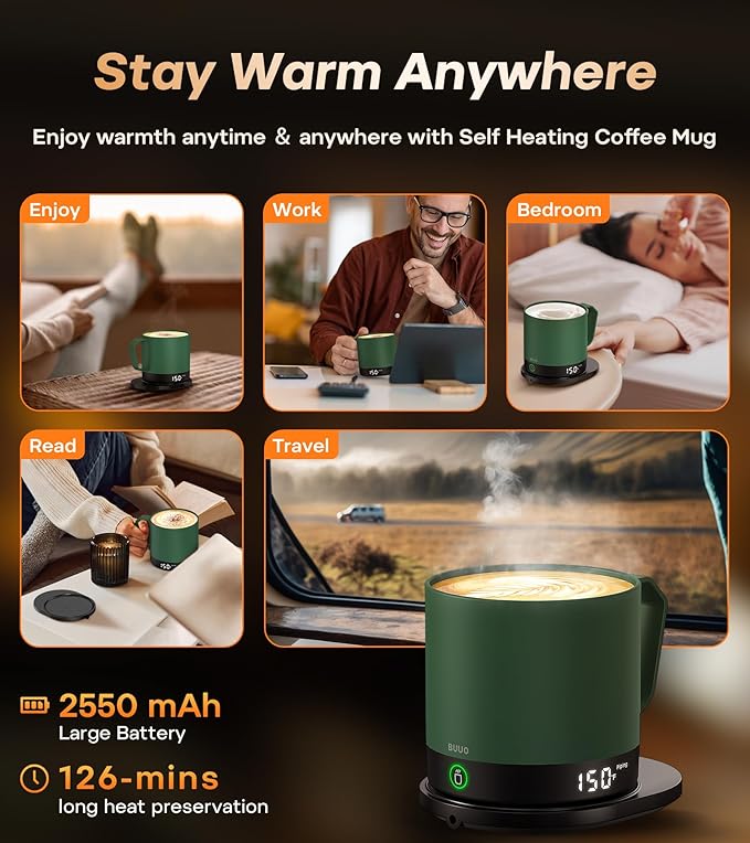 Heated Coffee Mug Rechargeable - Temperature Control Self Heating Coffee Mug 14oz with Lid, Double Sided & Real-Time LED Display, Hot up to 150?? Birthday Gifts for Women and Men(Green)