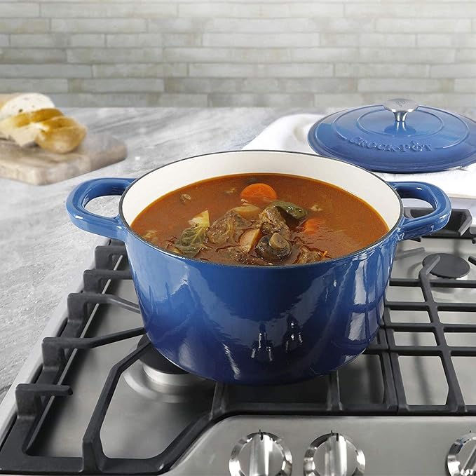 Crock-Pot Artisan 7-Quart Round Enameled Cast Iron Dutch Oven ??Sapphire Blue, Durable Heavy-Duty Cookware for Slow Cooking, Baking, Roasting with Lid