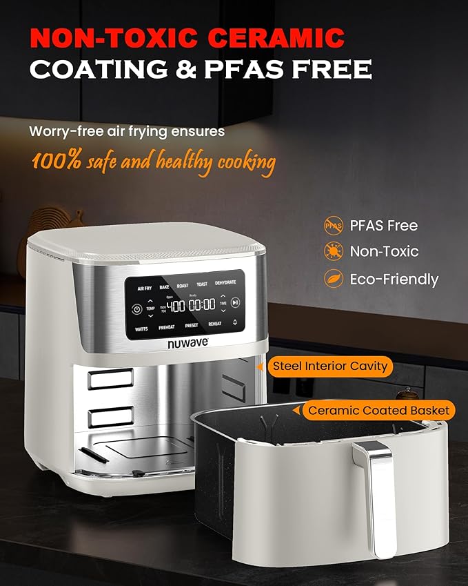 Nuwave Brio Plus 6-in-1 Air Fryer, 7-Qt Large Capacity, 50°F??00°F Precise Temp Control, Non-Toxic PFAS-Free Nonstick, Air Fry, Bake, Roast, Toast, Dehydrate, Reheat, 100 Presets, Dishwasher Safe