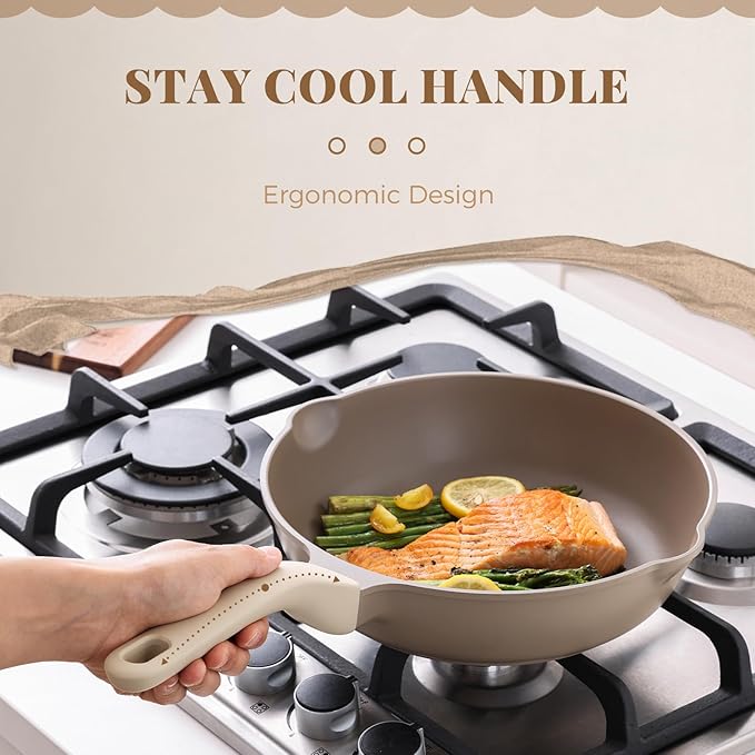 PRICUSIS Nonstick Deep Frying Pan with Glass Lid, 10 Inch (3.2 qt), 5X Durable Nonstick Saut챕 Pan, Scratch & Stain Resistant, PFOA Free, Induction Compatible, Dishwasher & Oven Safe, Natural Linen