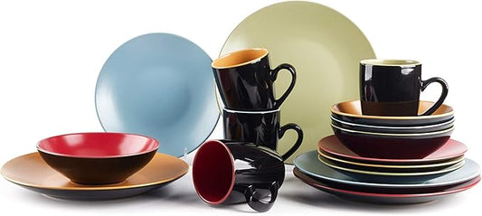 Stoneware Two-Tone Colors Life 16pc Dinnerware Set竊똎utside Shinny Black + Inside Matte Finished Very Funny - 4 Assorted Colors Turquoise, Olive, Curry and Red
