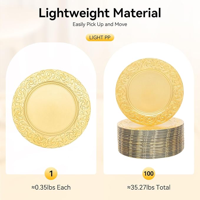 100pcs Gold Charger Plates, 13" Round Reusable Decorative Flower Relief Carving Bulk Chargers for Dinner Plates, Wedding, Bridal Shower