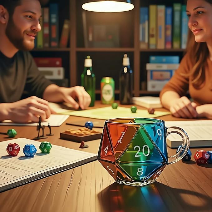 Dlin Rainbow D20 Dice Glass Coffee Mug - Heat-Resistant Transparent with Ergonomic Handle, Leak-Proof & Multi-Functional Gaming Mug for RPG/Board Game Lovers, Perfect Fantasy Themed Gift (Rainbow-1PC)
