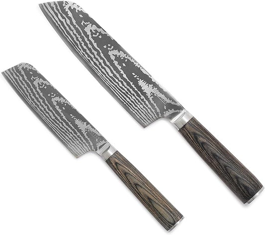 GreenPan x Bobby Flay 5??& 7??Santoku Knife Set, Premium Stainless Steel Blades, Precision Cutting Kitchen Tools, Ultra-Sharp Cutlery, Hand Finished Ergonomic Wood Handle, Damascus Steel Design