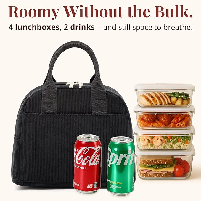 LOVELYWIND Insulated Black Lunch Bag for Men Women, Stylish Corduroy Tote with Aluminum Lining, Large Capacity Reusable Cooler for Work, Travel, Beach or Picnic, Soft Black Water-Resistant Lunch Box