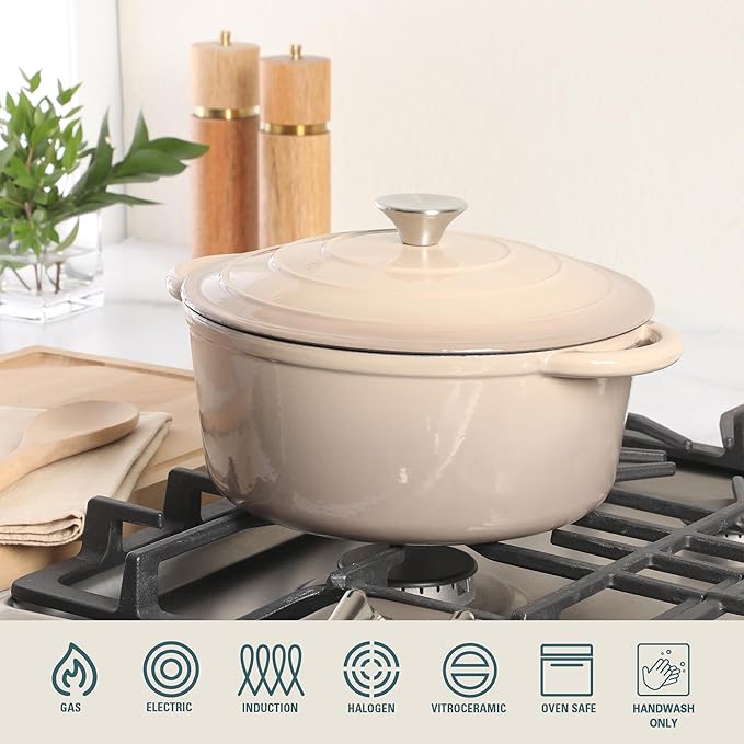 Gibson Home Addlestone 5 Qt Enameled Cast Iron Dutch Oven Pot with Lid ??Round, Oven Safe to 500째F, Ideal for Bread Baking & Stews - Gradient Taupe