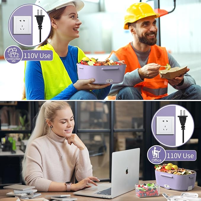 Vingud Electric Lunch Box for Adults, Heated Lunch Box Food Warmer, 80W Portable Heating Lunchbox for Women/Work/Car/Truck, 12/24/110V Lonchera El챕ctrica Port찼til Christmas White Elephant Gifts,Violet