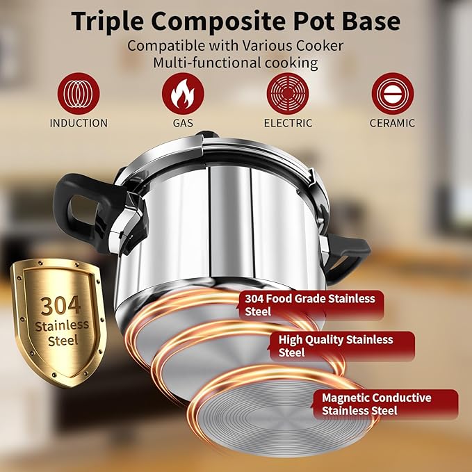 304 Stainless Steel Pressure Cooker 6 Quart Explosion-Proof Lock, One Hand Operation, Fast Cooking, Dishwasher Safe & Induction Compatible, Family Size Cookware PETERBOO