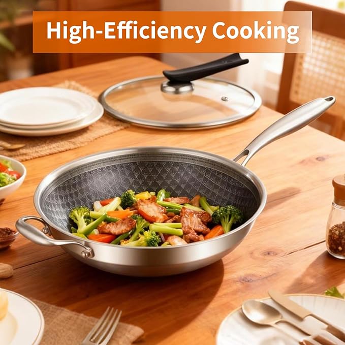 DELARLO Tri-Ply Stainless Steel 12 inch Nonstick wok Pan With Lid,induction Cookware Woks & Stir-Fry Pans,Dishwasher and Oven Safe Up To 650째F