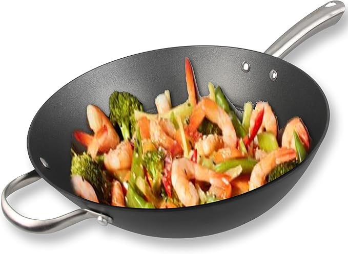 Cuisiland 12.5" Honeycomb Cast Iron Wok with Dual Handles ??Non-Stick Stir-Fry Pan, Stainless Steel Long Handles, Oven Safe, Classic Cast Iron Heat Retention