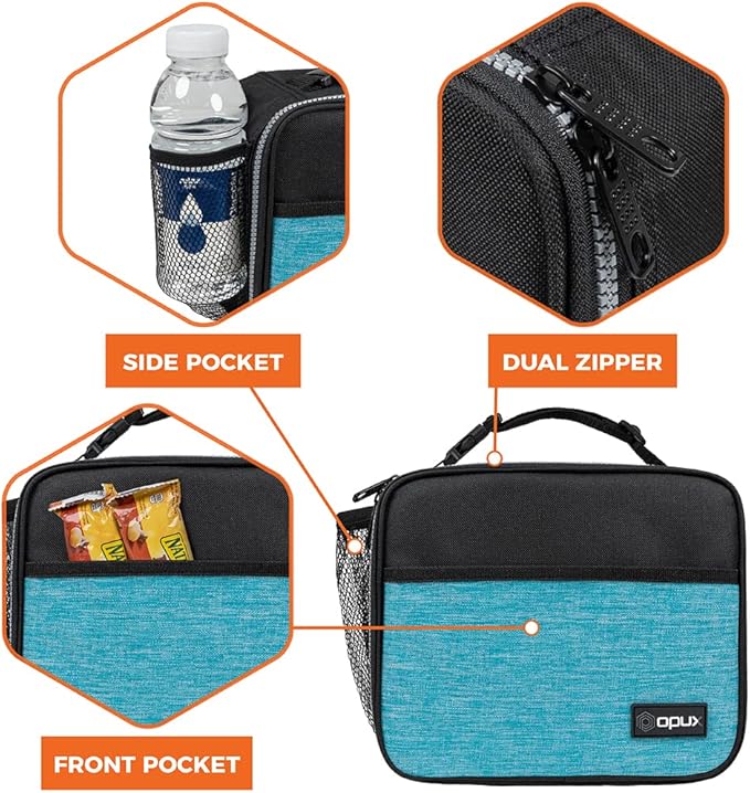 opux Insulated Lunch Bag Kids, Lunch Box for School Boy Girl, Leakproof Small Reusable Compact Soft Mini Cooler Bag, Toddler Small Lunch Boxes Kit Pail with Front Side Pockets (Turquoise)