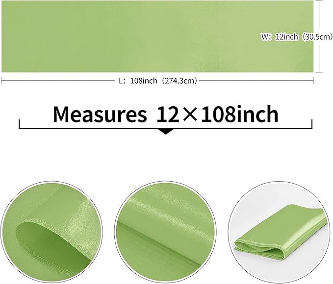 10-Pack Green Satin Table Runner 12 x 108 Inch Long Bright and Smooth Silk Fabric Table Runner for Wedding Banquet Birthday Party Decoration