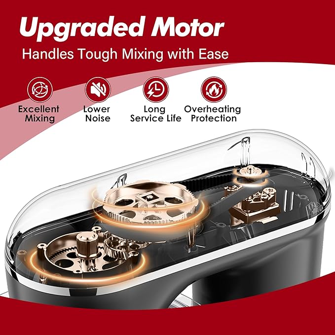 Kitchen in the box Stand Mixer, 6.5QT Electric Food Mixer, 10 Speeds 3-IN-1 Kitchen Mixer for Daily Use with Egg Whisk,Dough Hook,Flat Beater (Red, 6.5QT)