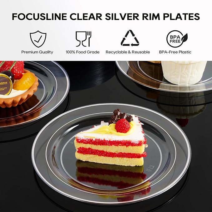 FOCUSLINE 100 Count Clear Silver Plastic Plates 7 Inch, Disposable Heavy Duty Clear Plates with Silver Rim, Premium Hard Plastic Plate Fancy Disposable Salad Dessert Plate for Wedding Parties