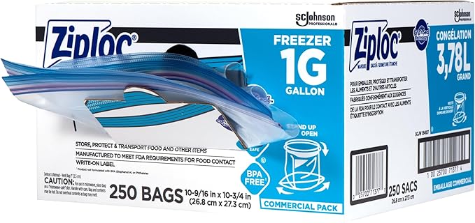 SC Johnson Professional Ziploc Brand Food Storage Freezer Bags, 1 Gallon Freezer Bags, Ziploc Brand Bags, Commercial Pack, 250 Count Box, for Professional Use Only