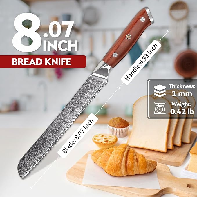 Purple Dragon Damascus Bread Knife 8 Inch, VG10 Steel Serrated Knife for Homemade Sourdough Bread, Cake and Fruit, Razor-Sharp Chef's Knives Christmas Gift for Men and Women