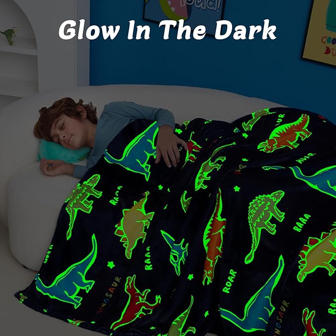 QSTEHEML Dinosaur Glow in The Dark Blanket,Dinosaur Gifts Toys for Boys Age 3 4 5 6 7 8 9 10 11 12 Year Old, Soft Throw Blanket for Kids Boys- Christmas Birthday Bedroom Decor 50"횞60"