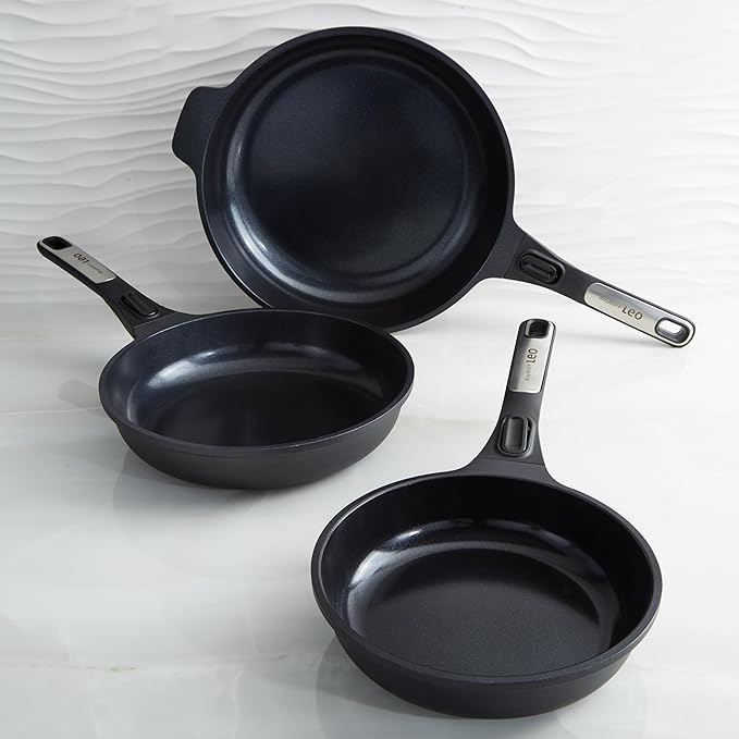 BergHOFF Phantom 3Pc Nonstick Ceramic Frying Pan Set Detachable Handle Recycled Cast Aluminum CeraGreen Non-toxic Coating Induction Pan Oven-to-table Cookware Full Disk