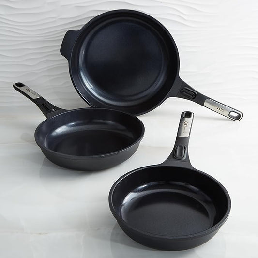 BergHOFF Phantom 3Pc Nonstick Ceramic Frying Pan Set Detachable Handle Recycled Cast Aluminum CeraGreen Non-toxic Coating Induction Pan Oven-to-table Cookware Full Disk