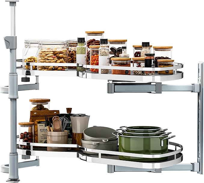 DWVO Corner Cabinet Organizer, 2-Tier Blind Corner Pull Out with 270째 Rotating Shelf, Right Swing Tray, Heavy-Duty Iron, Easy-Install Template, 32.7"x17.3"x21.3", Gray