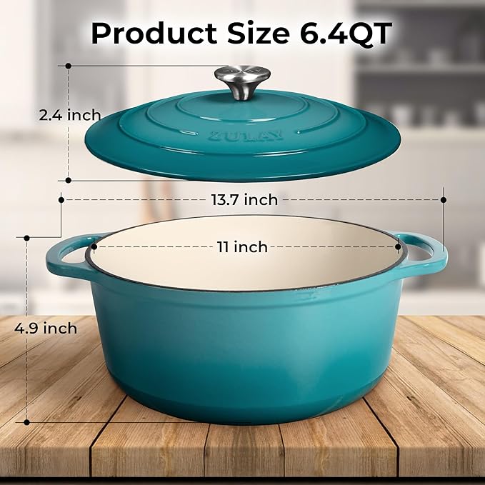 Zulay Kitchen 6 Quart Enameled Cast Iron Dutch Oven with Lid ??Premium Durability & Oven Safe up to 500째F ??Heavy Duty Cookware Perfect for Bread Baking, Stews, Braising & Roasting ??Light Blue