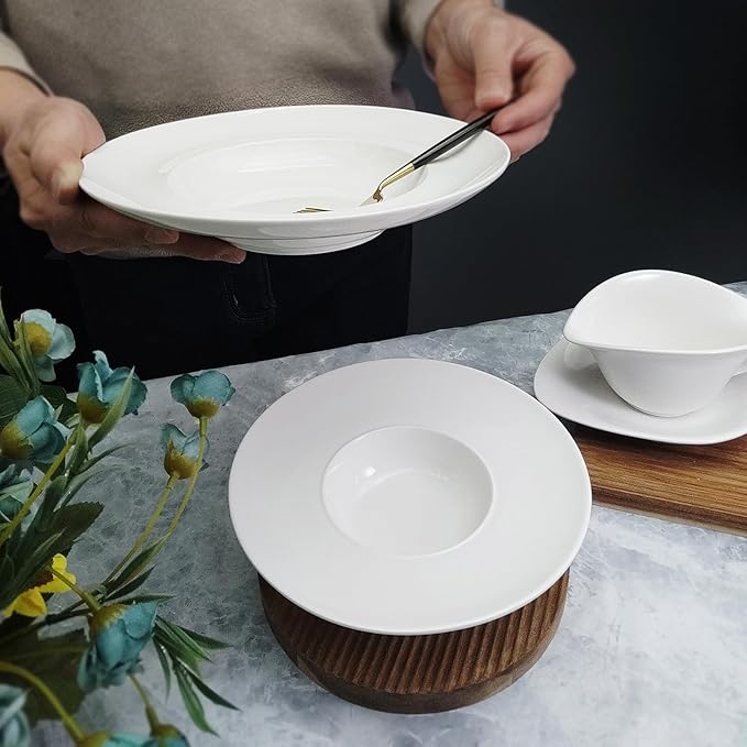 Pasta Plates with Rim 6.8 oz, Soup Bowl Pasta Bowl Set of 4, White Shallow Bowl Plate, Ceramic Wide Rimmed Soup Bowl, Best choice for high-end restaurants, hotels, and foodies, 9.2 Inch