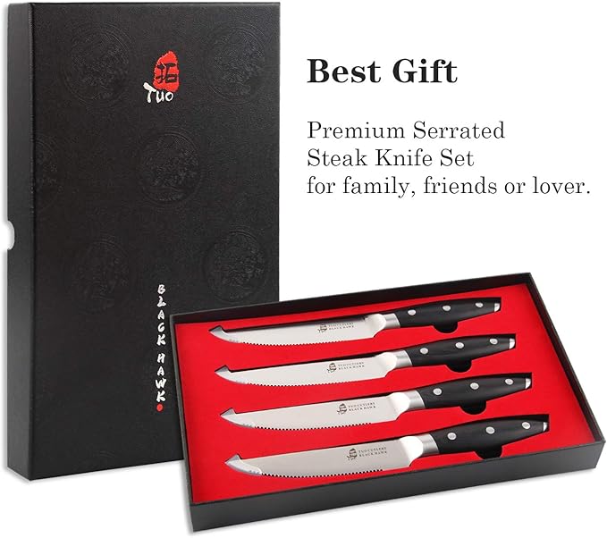 TUO Serrated Steak Knife - 5 inch Professional Kitchen Steak Knife Set 4 - Table Dinner Knife - German HC Stainless Steel Non Slip Pakkawood Handle - BLACK HAWK SERIES Including Gift Box
