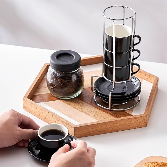 2.5oz Espresso Cups Set of 4, Small Stackable Coffee Cups with Saucers and Metal Stand, Ceramic Demitasse Cups, Cappuccino Cups for Coffee Drinks, Latte, Black