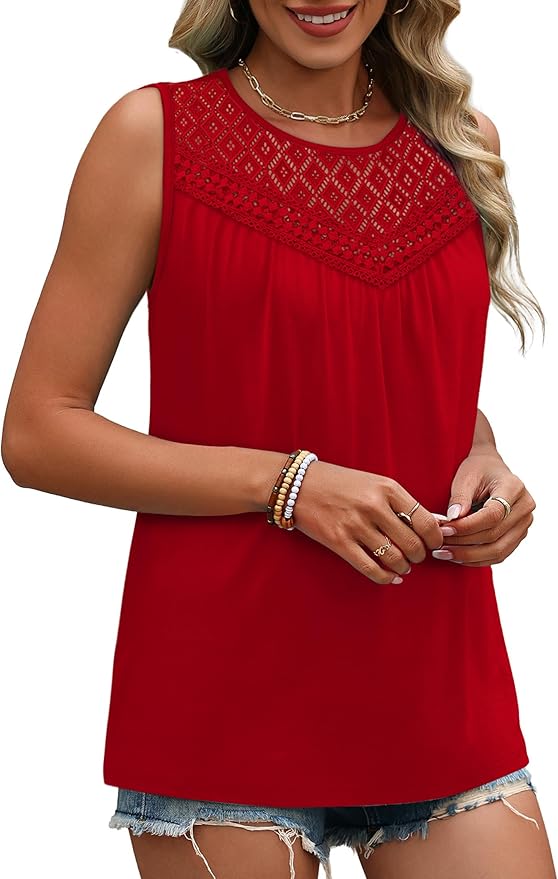 XIEERDUO Womens Tank Tops Sleeveless Lace Crochet Boho Tops Loose Fit Pleated Tunics Crewneck Summer Vacation Outfits Flowy