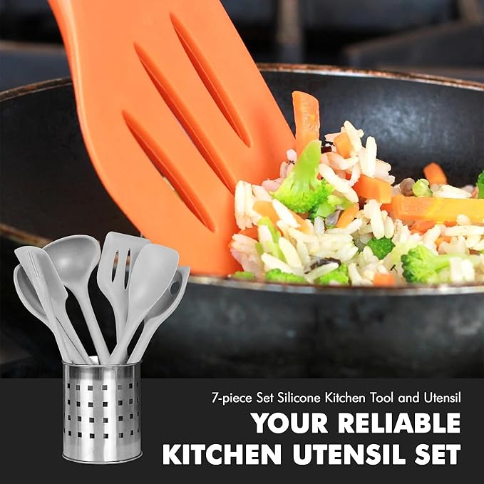 Chef Craft - Premium Silicone Kitchen Tools and Utensils Set, Non-Scratch, Withstands Temperatures up to 450째F, BPA-Free, 7 Piece Cooking Utensils Set, Gray