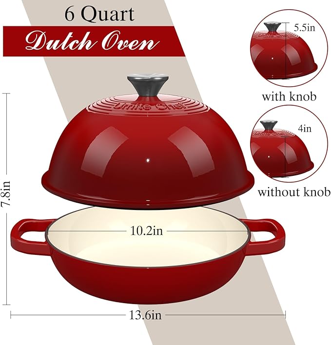Enamelled Cast Iron Dutch Oven Pot ??Dutch Oven Pot with Lid For Sourdough Bread Baking ??Cast Iron Bread Oven ??Red, Umite Chef 6QT Pot with Lid & Cotton Potholders