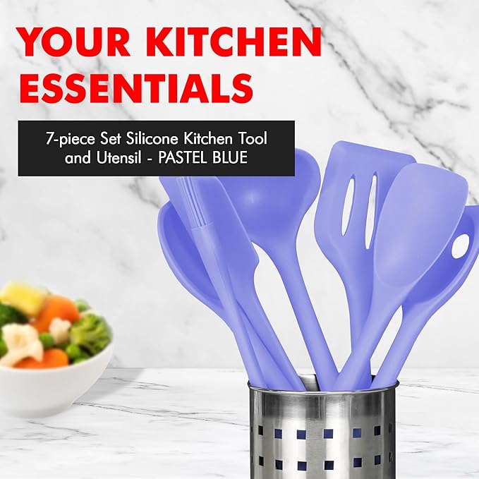 Chef Craft - Premium Silicone Kitchen Tools and Utensils Set, Non-Scratch, Withstands Temperatures up to 450째F, BPA-Free, 7 Piece Cooking Utensils Set, Pastel Blue