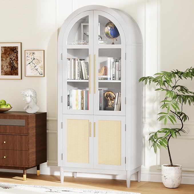 71?쒪rched Kitchen Pantry Cabinet, Stylish Arched Bookcase & Multi-Use Storage Cabinet with Glass & Rattan Doors, Ideal as Kitchen Pantry, Living Room Display, or Entryway Organizer ??White