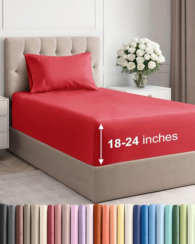 Extra Deep Pocket Twin Sheets - 3 Piece Breathable & Cooling Bed Sheets - Hotel Luxury Bed Sheet Set - Soft, Wrinkle Free & Comfy - Easily Fits Extra Deep Mattresses - Deep Pocket Red Sheets Set