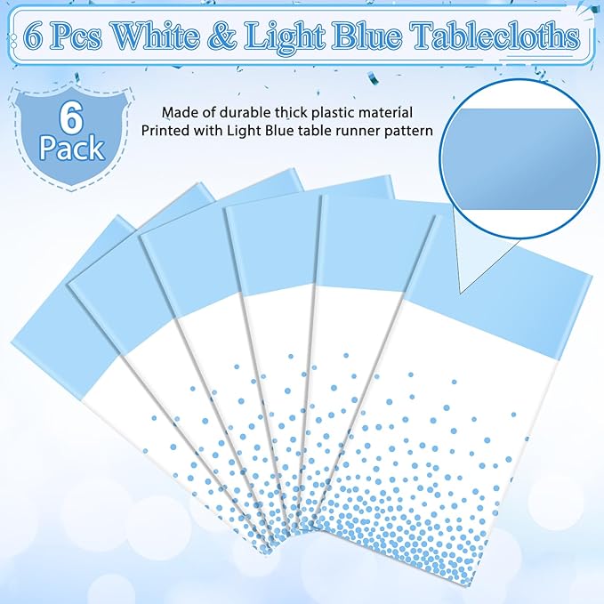 MASHAN 6Pcs White and Light Blue Polka Dot Plastic Rectangular Tablecloths, 54x108 Inch, Spill Resistant, Perfect for Birthday, Wedding, Graduation Parties