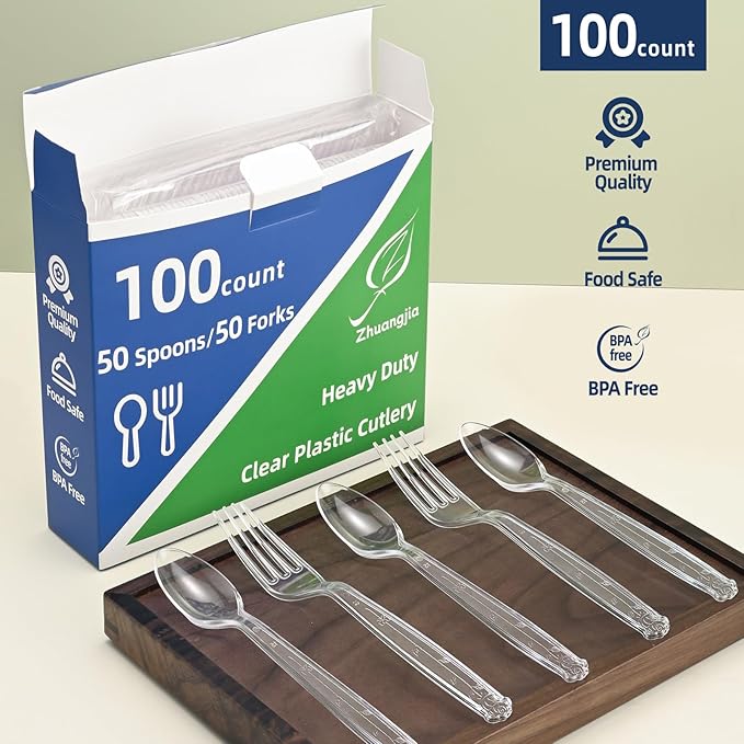 100 Count Extra Heavy Duty Clear Plastic Forks Disposable, BPA-Free, Heat Resistant, Durable Disposable Forks Bulk for Catering & Events ?갥arty Supplies