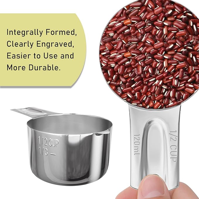BERYLER 4PCS 1/2Cup (120ml, 4oz) Single Measuring Cup, Stainless Steel Measure Scoop, Metric and US Measurement, Dishwasher Safe