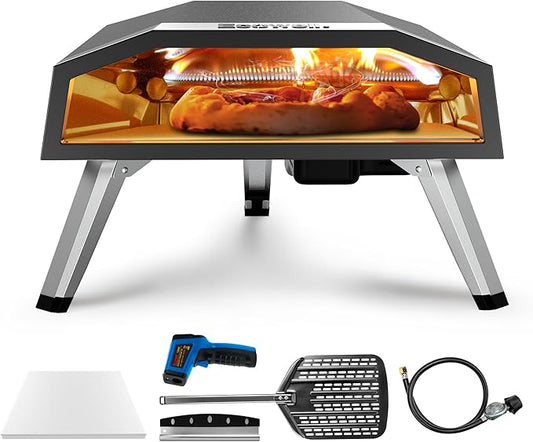 Outdoor Propane Gas Pizza Oven ??12" Camping Pizza Oven with Gas Regulator Cooks Pizza In 80-second, Propane Grill Reaches 930째F, with Pizza Stone/Peel/Cutter/Infrared Thermometer (12 Inches)