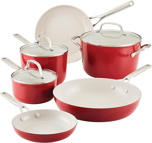 KitchenAid Hard Anodized Ceramic 9-Piece Nonstick Cookware Set ??Includes Fry Pans, Saucepan, Stockpot, Durable, Even Heating, Oven Safe to 500째F, Empire Red