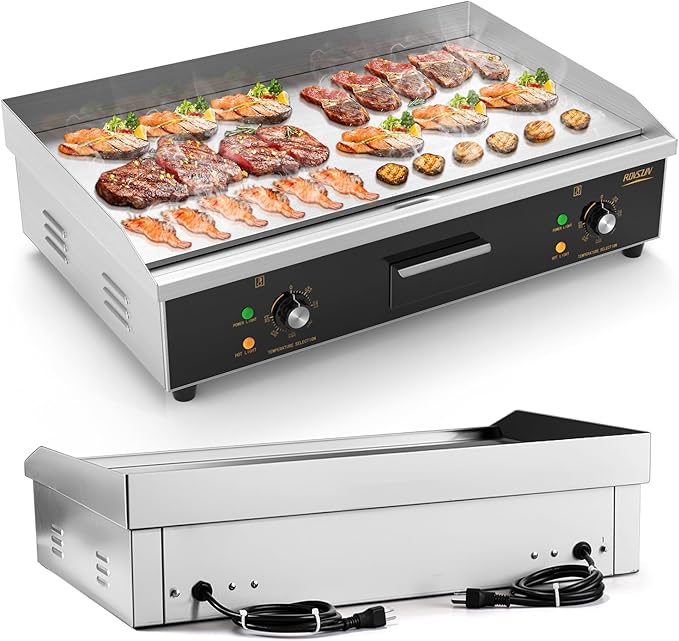 ROVSUN 30" Electric Countertop Flat Top Griddle, 3000W Electric Griddle, Teppanyaki Grill Stainless Steel with Adjustable Temperature Control 122째F-572째F for Commercial Home Restaurant, Plug
